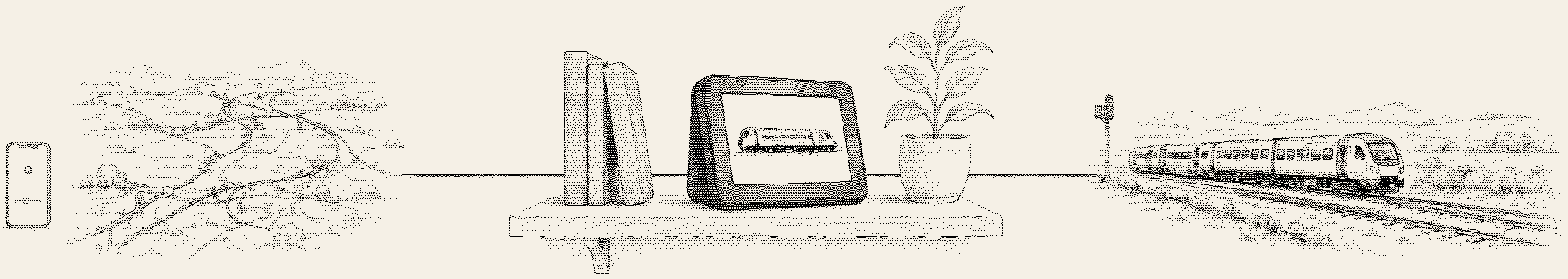 A pen-and-ink drawing of the three steps in one scene: a phone beside a map of railway lines, Lineside Ink on a shelf between books and a plant, and a train passing a signal out on the line.