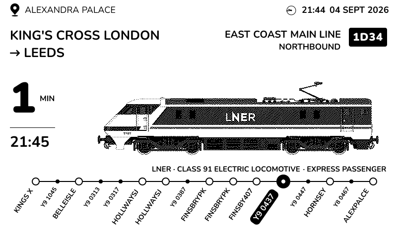 An LNER Class 91 working King's Cross to Leeds on the East Coast Main Line, one minute from Alexandra Palace at 21:45, with its position marked on a diagram of the line.
