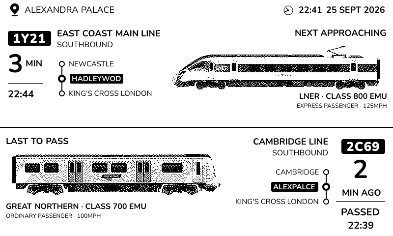 Next & Last at Alexandra Palace: a Hull Trains Class 800 approaching in one minute, above a Class 66 freight train that passed one minute ago.