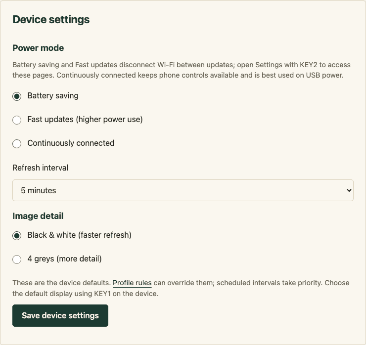 Device settings showing Battery saving, Fast updates and Continuously connected, a refresh interval, image detail and Save device settings.