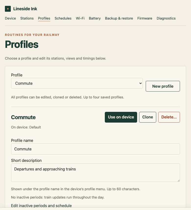 Profiles editor with a Commute profile, Use on device button, profile name and description.