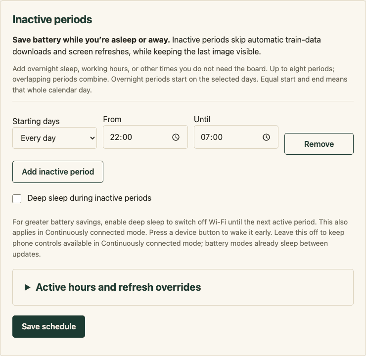 Schedule editor with an inactive period, day and time controls, a deep sleep option and Save schedule.