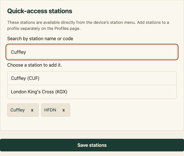 Stations page showing the station search and saved stations, with Save stations and Exit settings controls.