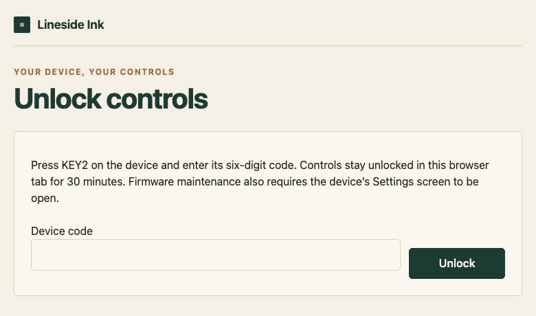 Device browser page with a Device code field and Unlock button.