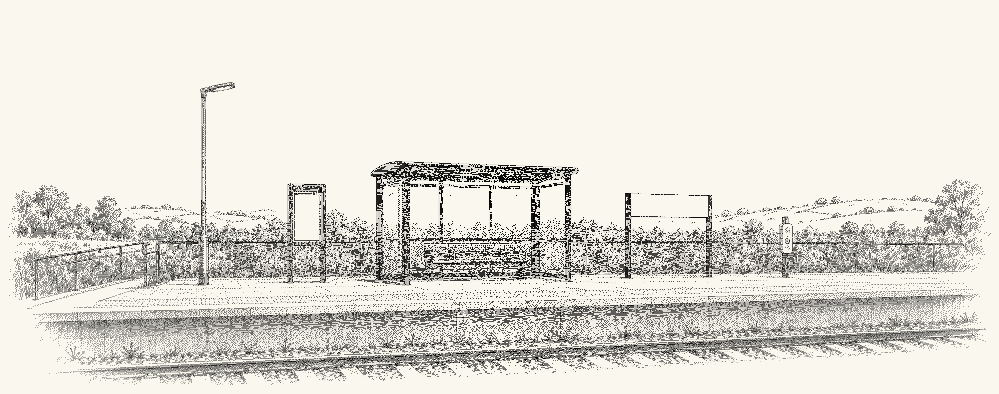 A pen-and-ink drawing of a country station: a platform building with a canopy, a bench and a lamp beside the running line.