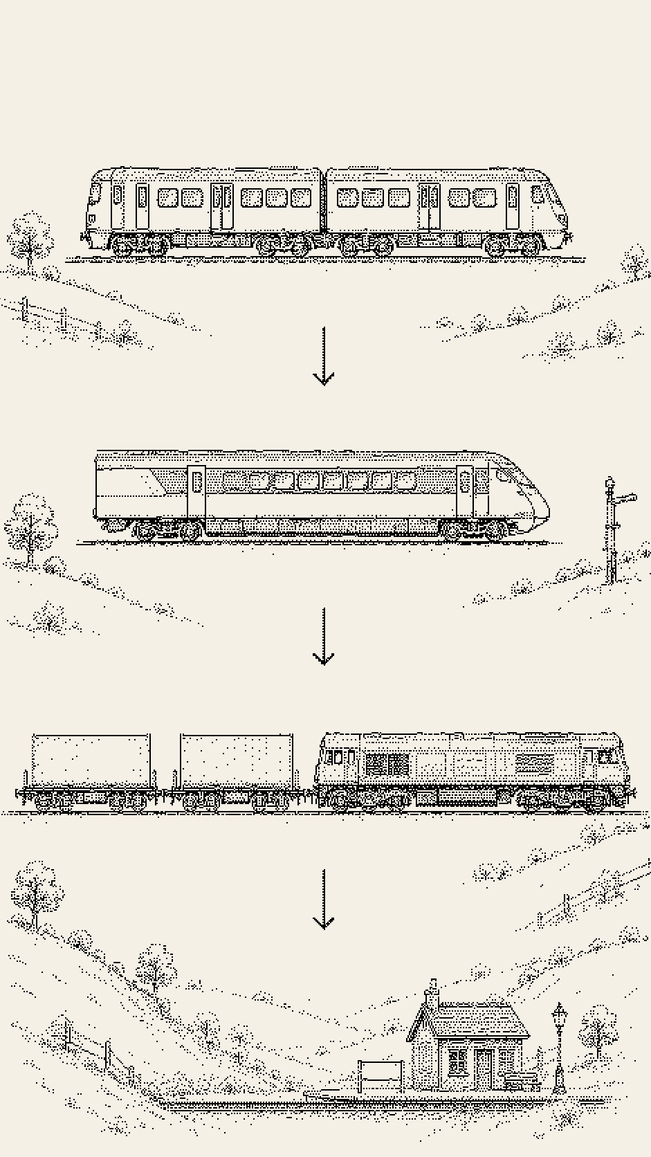 A pen-and-ink drawing of a railway running through open countryside: a passenger train, a non-stopping service and a freight working, each heading along the line towards the same place.