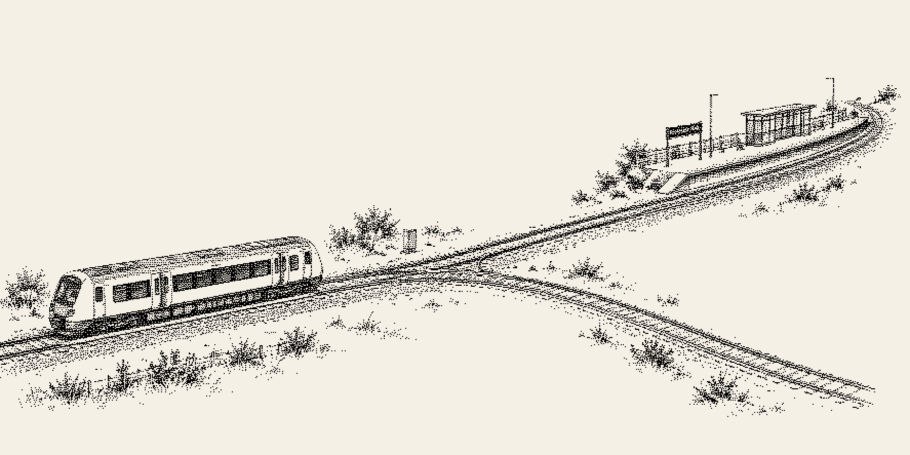 A pen-and-ink drawing of a train on the line reaching a junction, where one branch leads on to a small station and another continues elsewhere.
