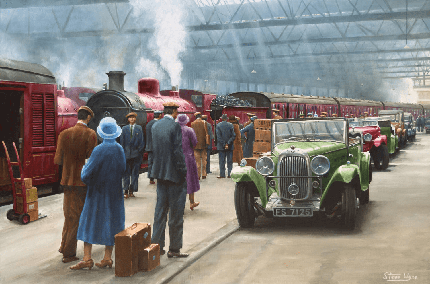 Painting of steam trains, passengers and vintage cars beneath the station roof at Princes Street in Edinburgh.