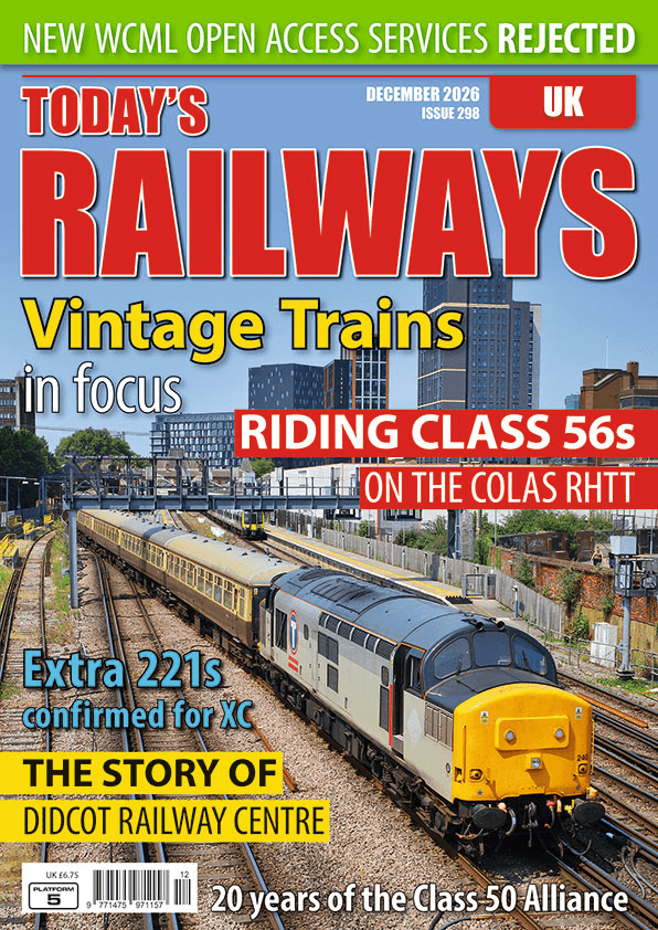 Cropped cover of Today's Railways UK showing a diesel locomotive hauling a passenger train.